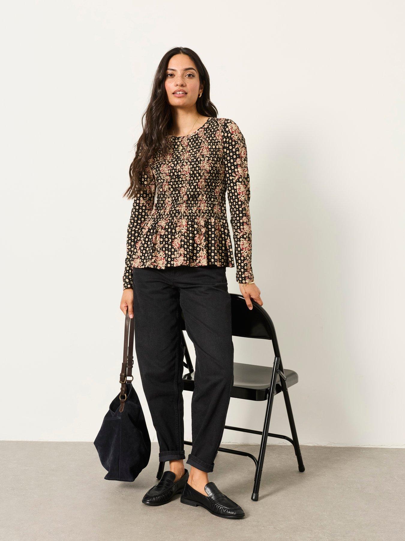 Image 3 of 6 of FatFace Women's Sara Linear Sketch Shirred Peplum Long Sleeve Top - Black