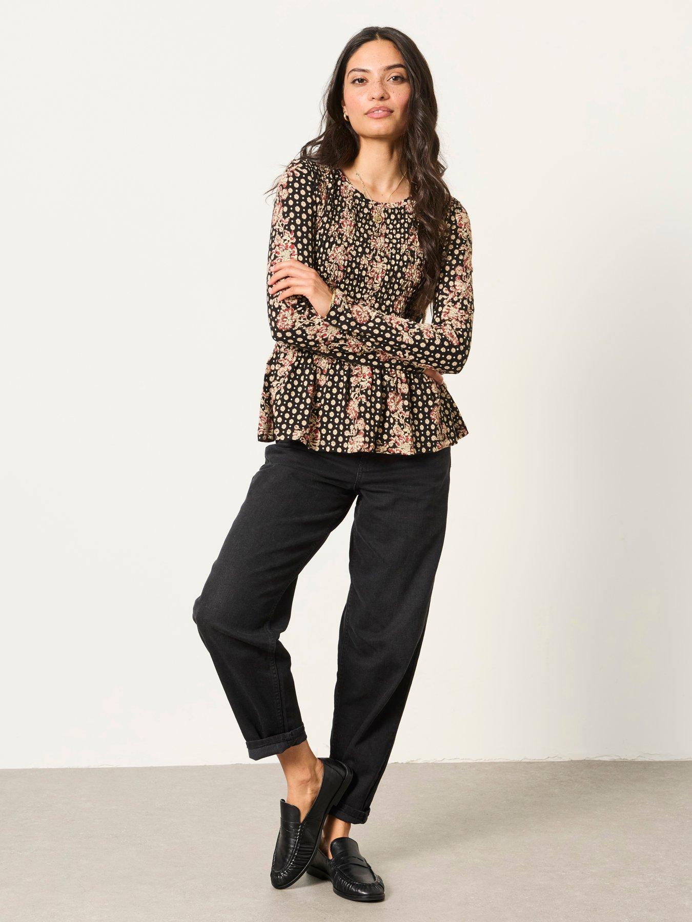 Image 4 of 6 of FatFace Women's Sara Linear Sketch Shirred Peplum Long Sleeve Top - Black