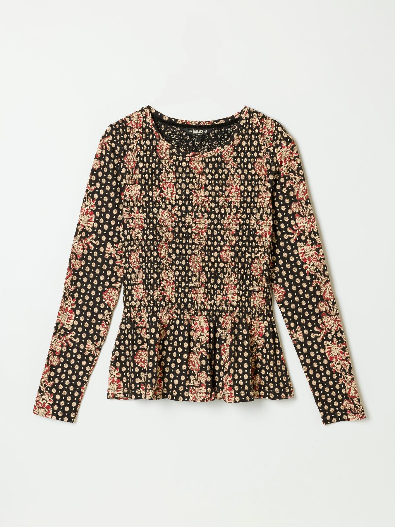 Image 6 of 6 of FatFace Women's Sara Linear Sketch Shirred Peplum Long Sleeve Top - Black