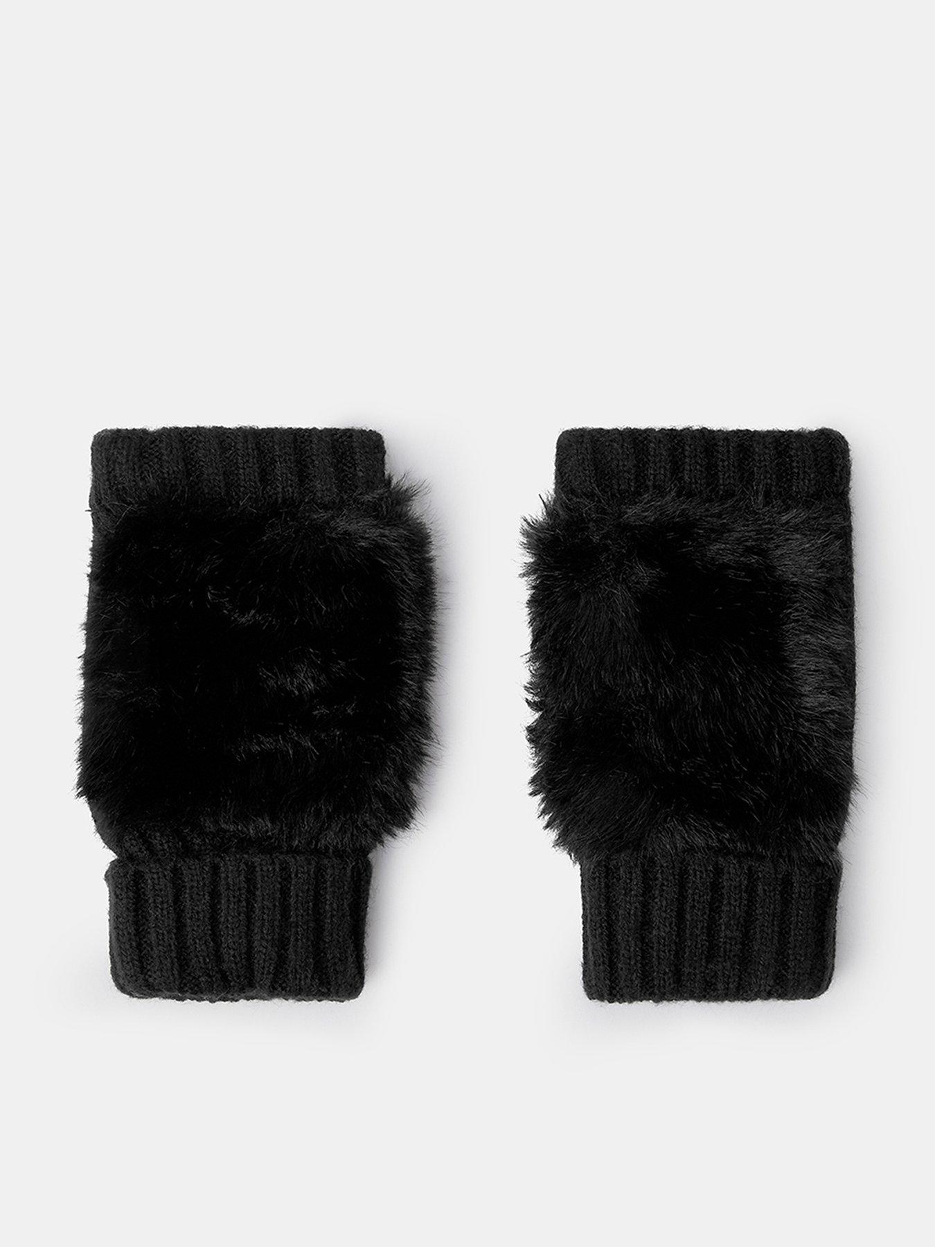 Image 1 of 2 of Accessorize Womens Faux Fur Fingerless Ribbed Cuff Gloves - Black