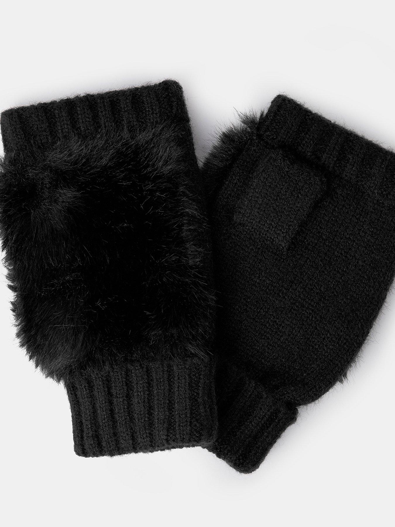Image 2 of 2 of Accessorize Womens Faux Fur Fingerless Ribbed Cuff Gloves - Black