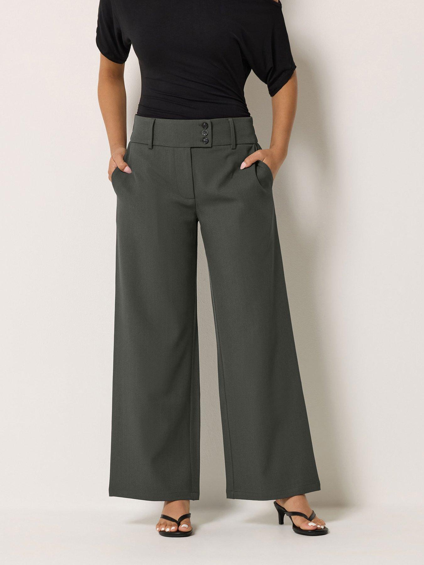 PixieGirl Petite Button Tab Detail Wide Leg Trousers - Dark Grey