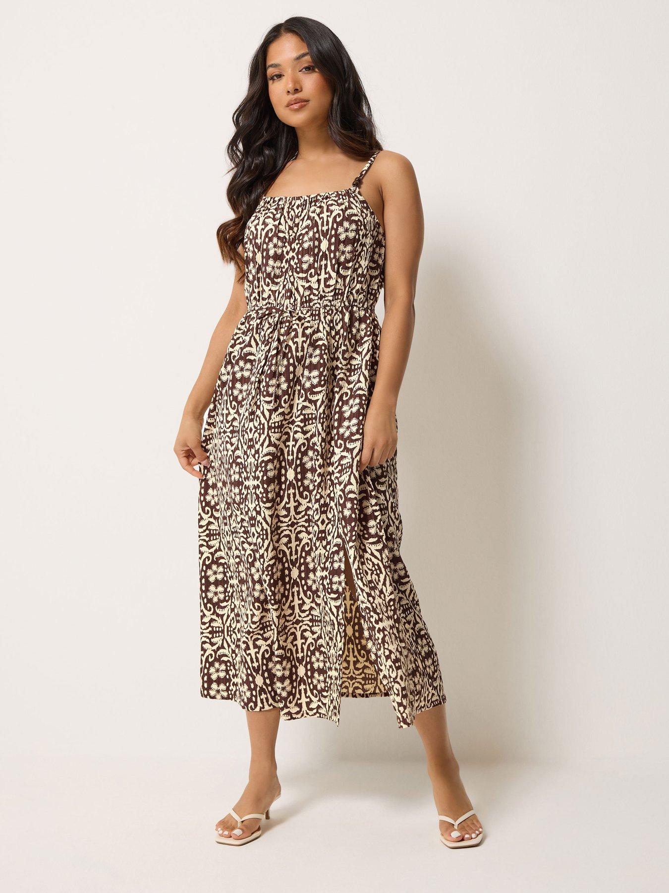 PixieGirl Petite Tile Print Tie Strap Midi Dress - Red
