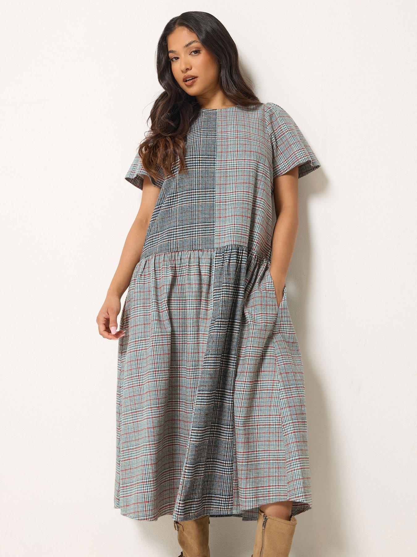 Image 1 of 4 of PixieGirl Petite Brushed Check Patchwork Midi Dress - Grey