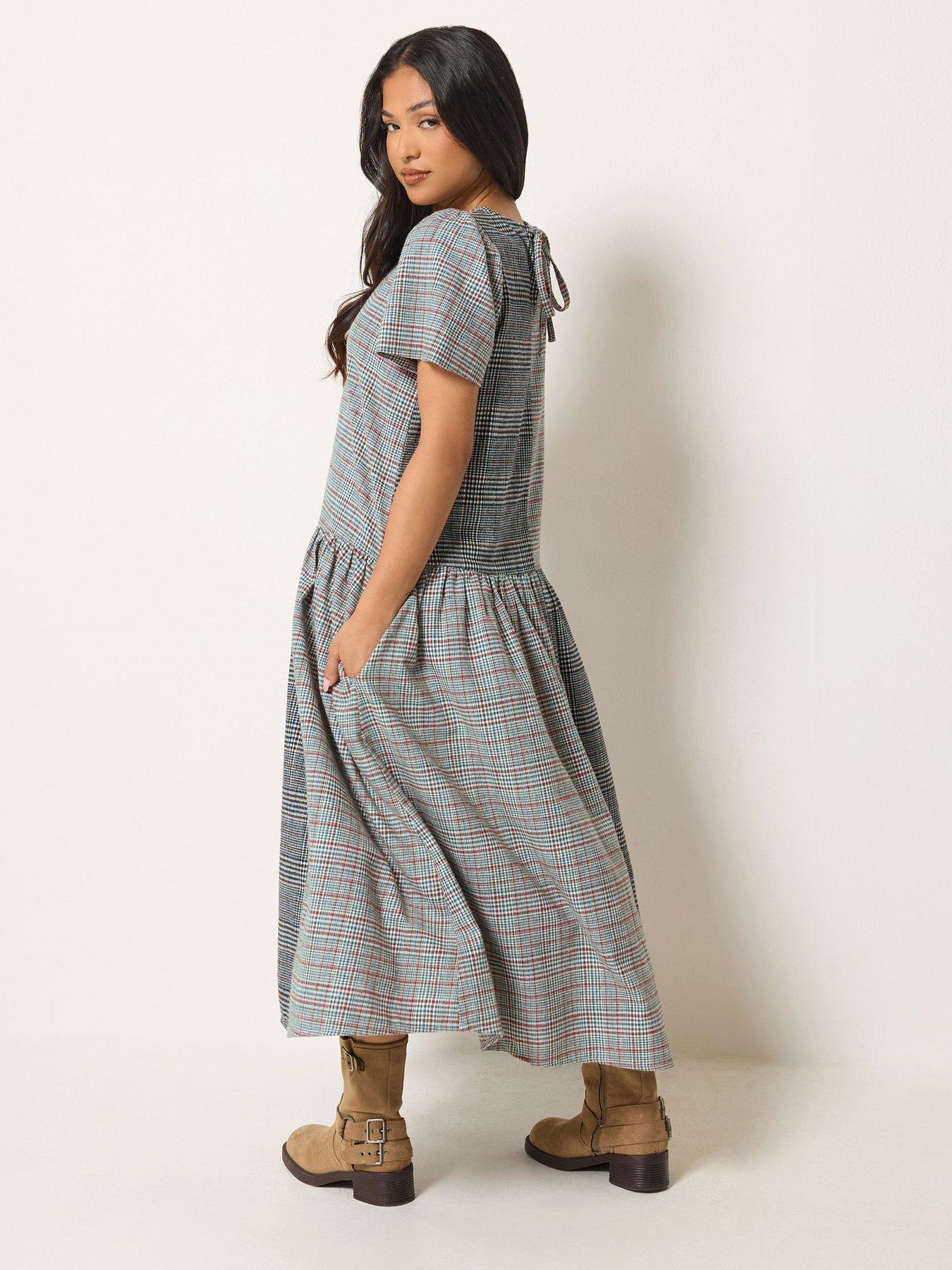 Image 2 of 4 of PixieGirl Petite Brushed Check Patchwork Midi Dress - Grey