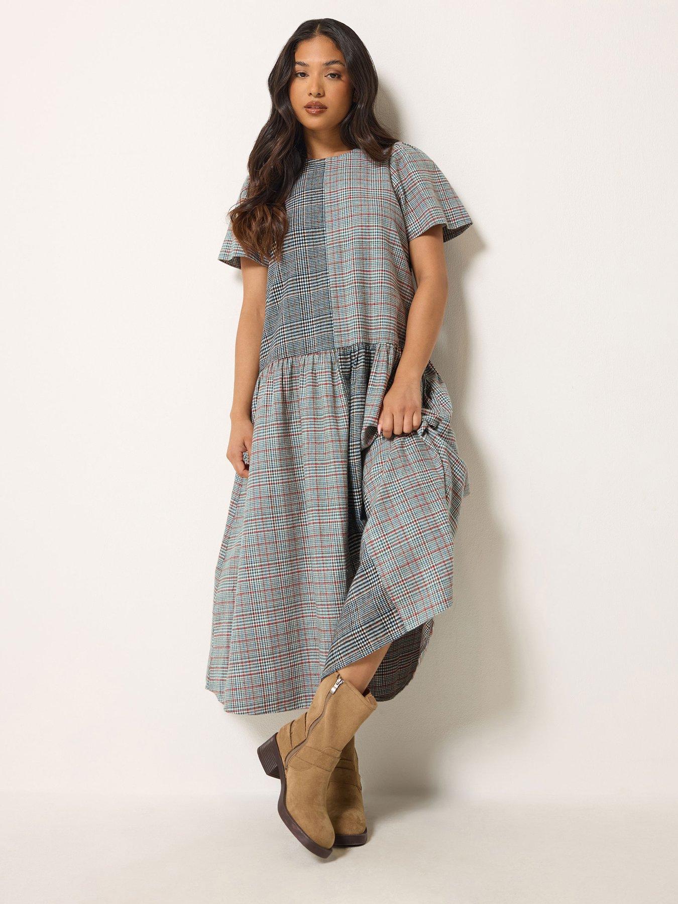 Image 3 of 4 of PixieGirl Petite Brushed Check Patchwork Midi Dress - Grey