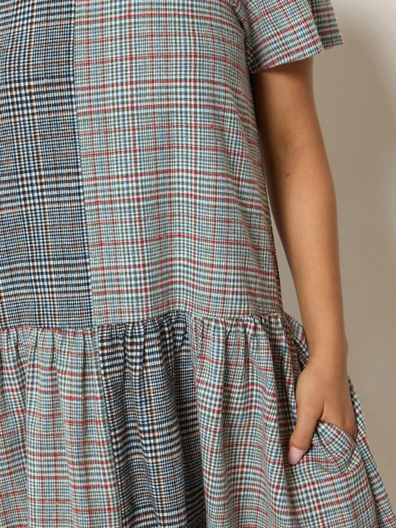 Image 4 of 4 of PixieGirl Petite Brushed Check Patchwork Midi Dress - Grey