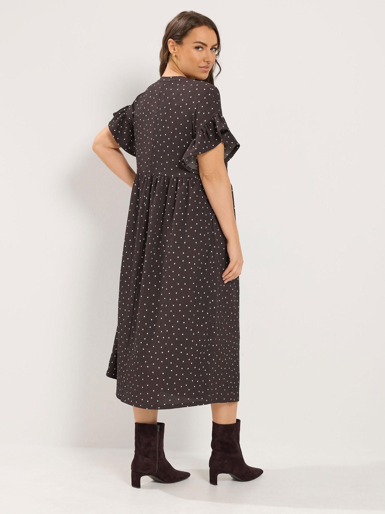 Image 2 of 4 of Yours Curve Frill Sleeve Dress Spot - Brown