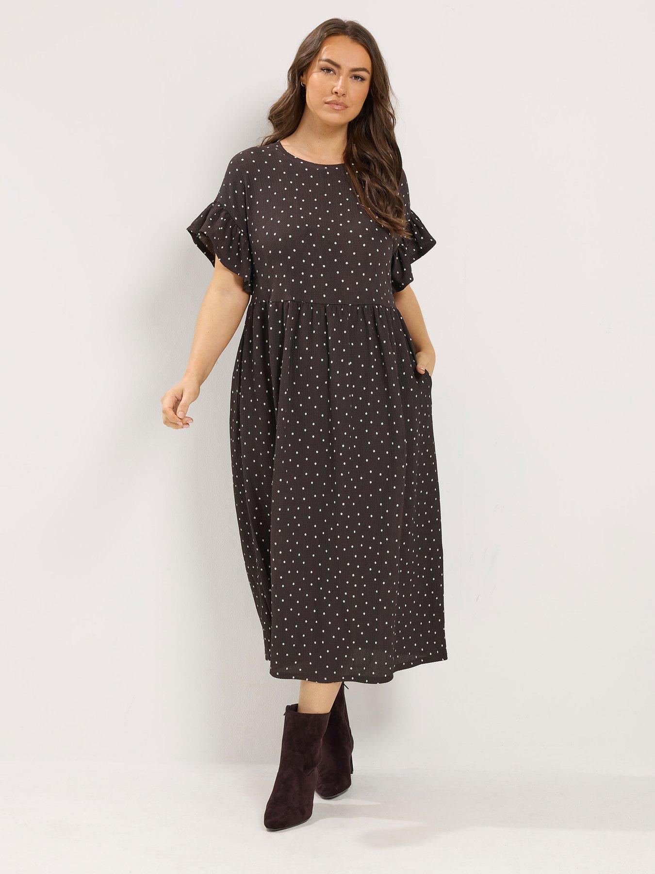Image 3 of 4 of Yours Curve Frill Sleeve Dress Spot - Brown