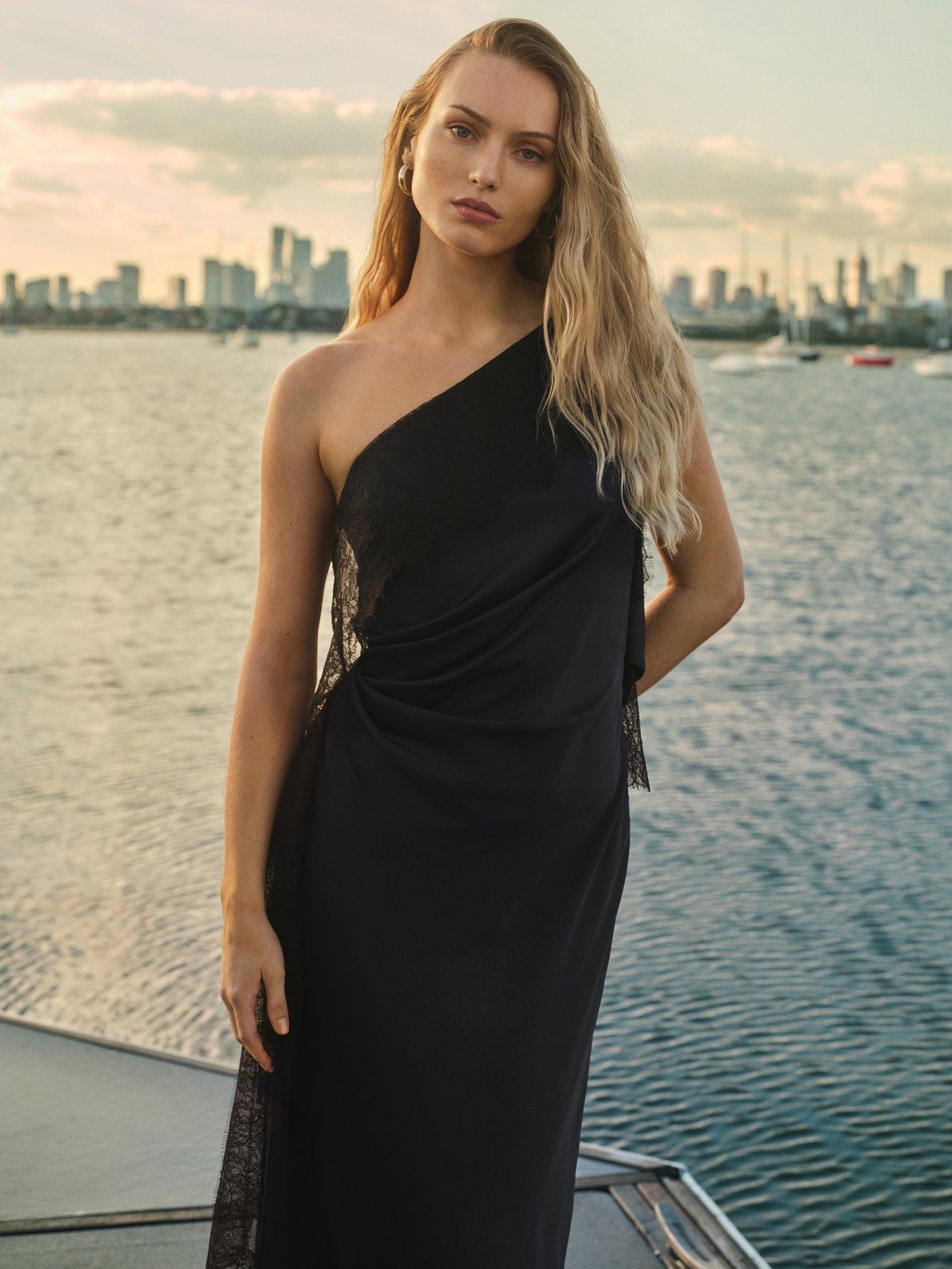 Forever New Sylvie Asymmetric Satin Bias Maxi Dress - Black
