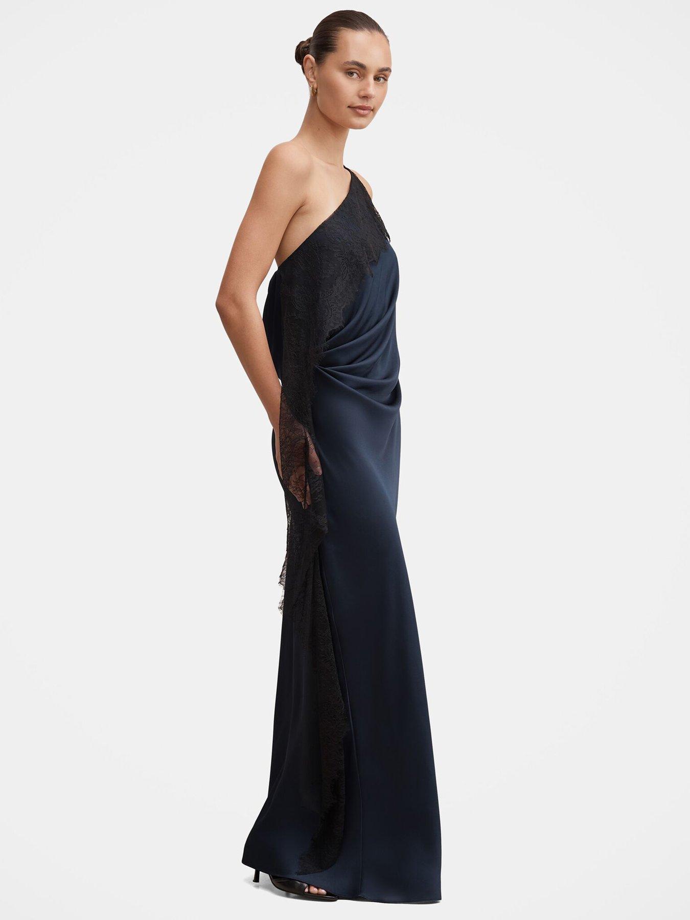 Image 7 of 7 of Forever New Sylvie Asymmetric Satin Bias Maxi Dress - Black