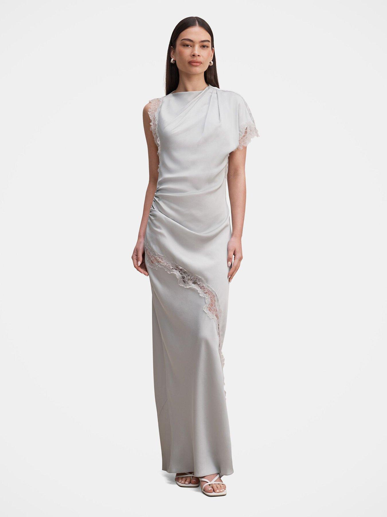 Image 1 of 4 of Forever New Kody Satin Lace Asymmetric Dress - White