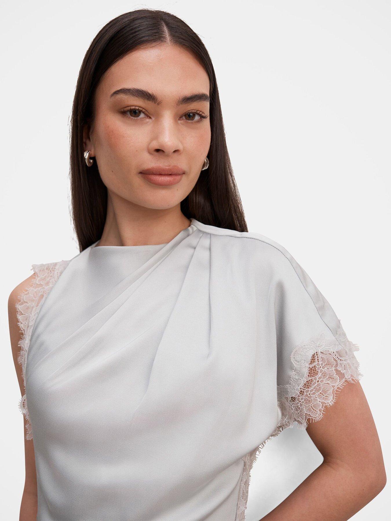 Image 3 of 4 of Forever New Kody Satin Lace Asymmetric Dress - White