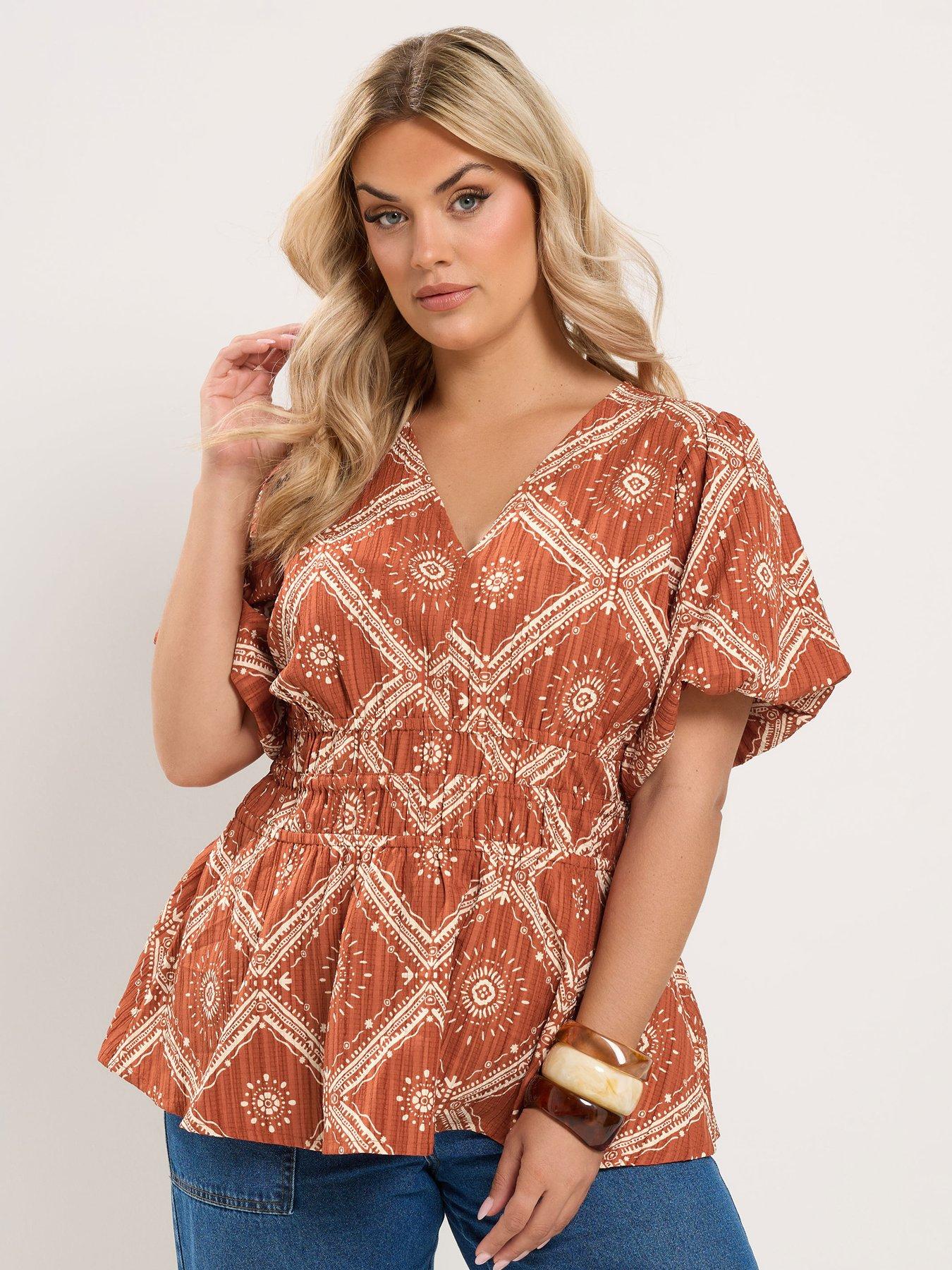 Yours Curve Abstract Puff Sleeve Blouse - Orange