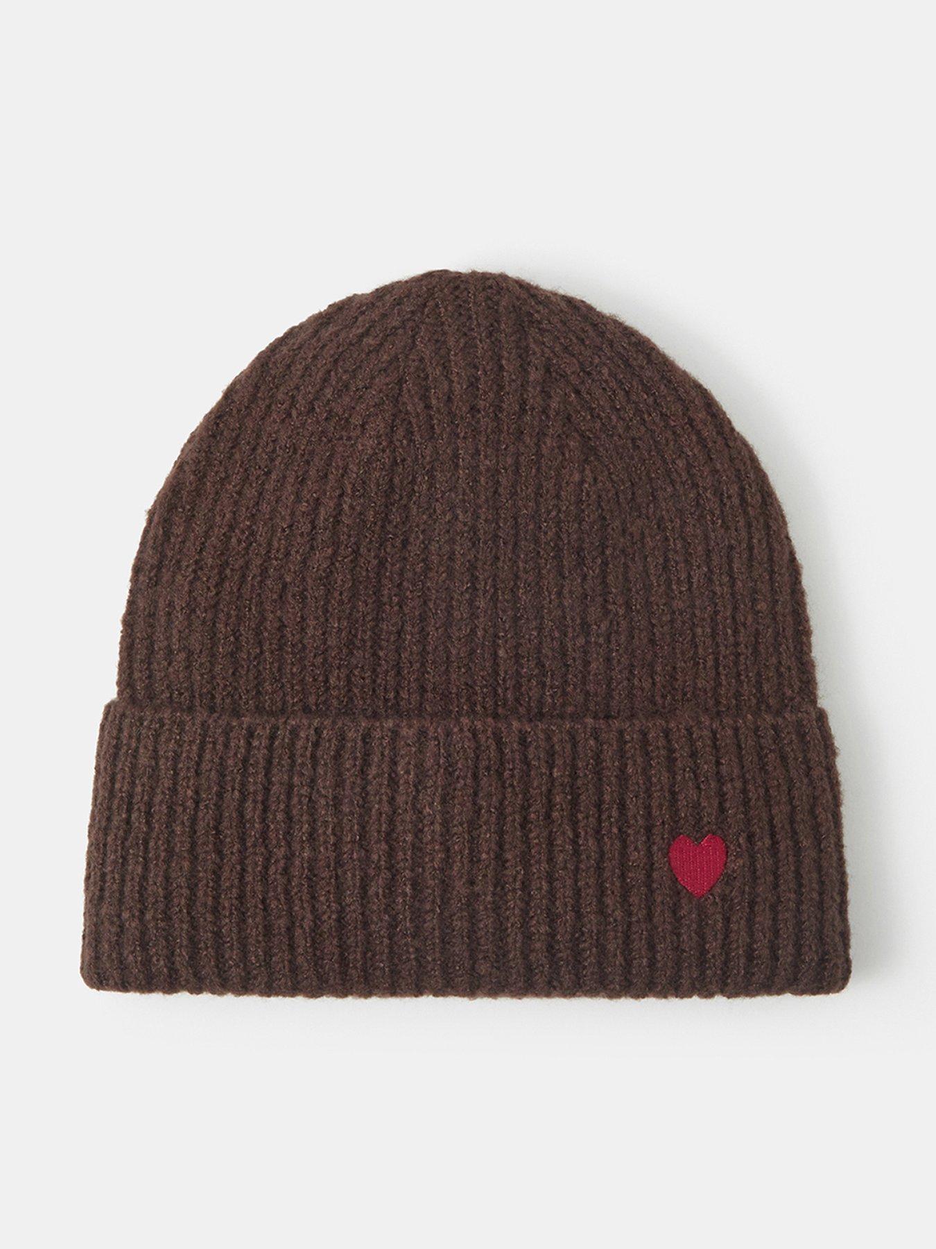 Image 1 of 4 of Accessorize Ribbed Heart Embroidered Beanie Hat - Brown