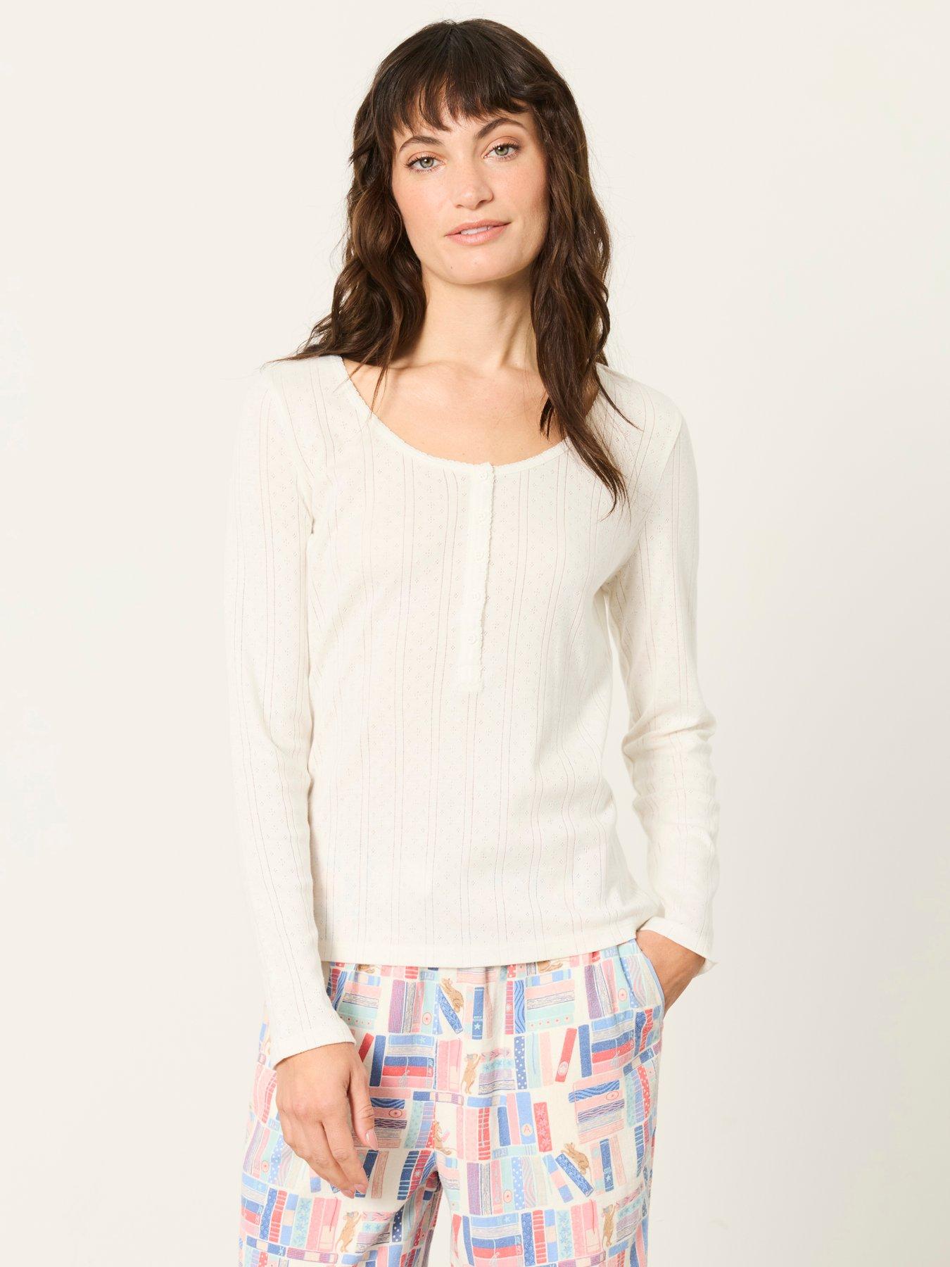 Image 1 of 6 of FatFace Women's Hattie Henley Pointelle Long Sleeve Top - Cream