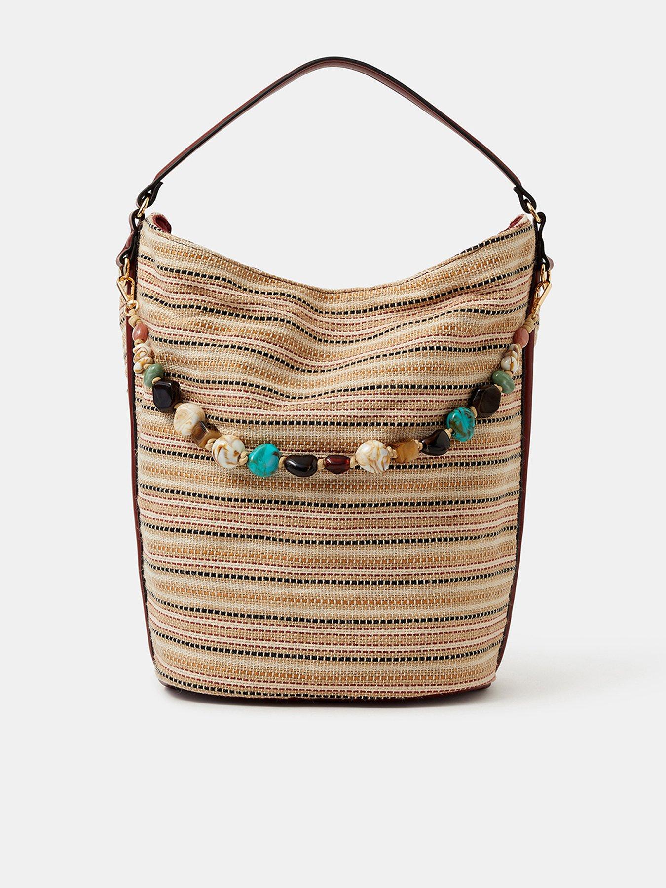 Monsoon Striped Beaded Charm Shoulder Bag - Beige