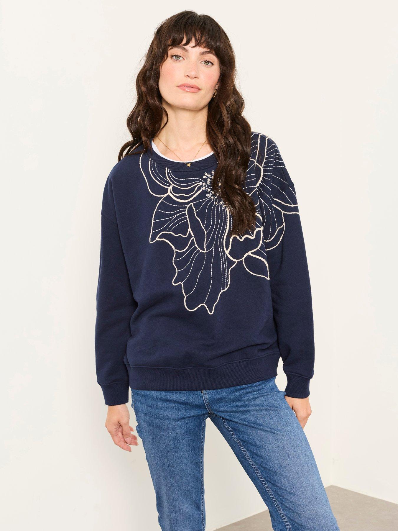FatFace Women's Emily Pure Cotton Floral Embroidered Sweatshirt - Navy