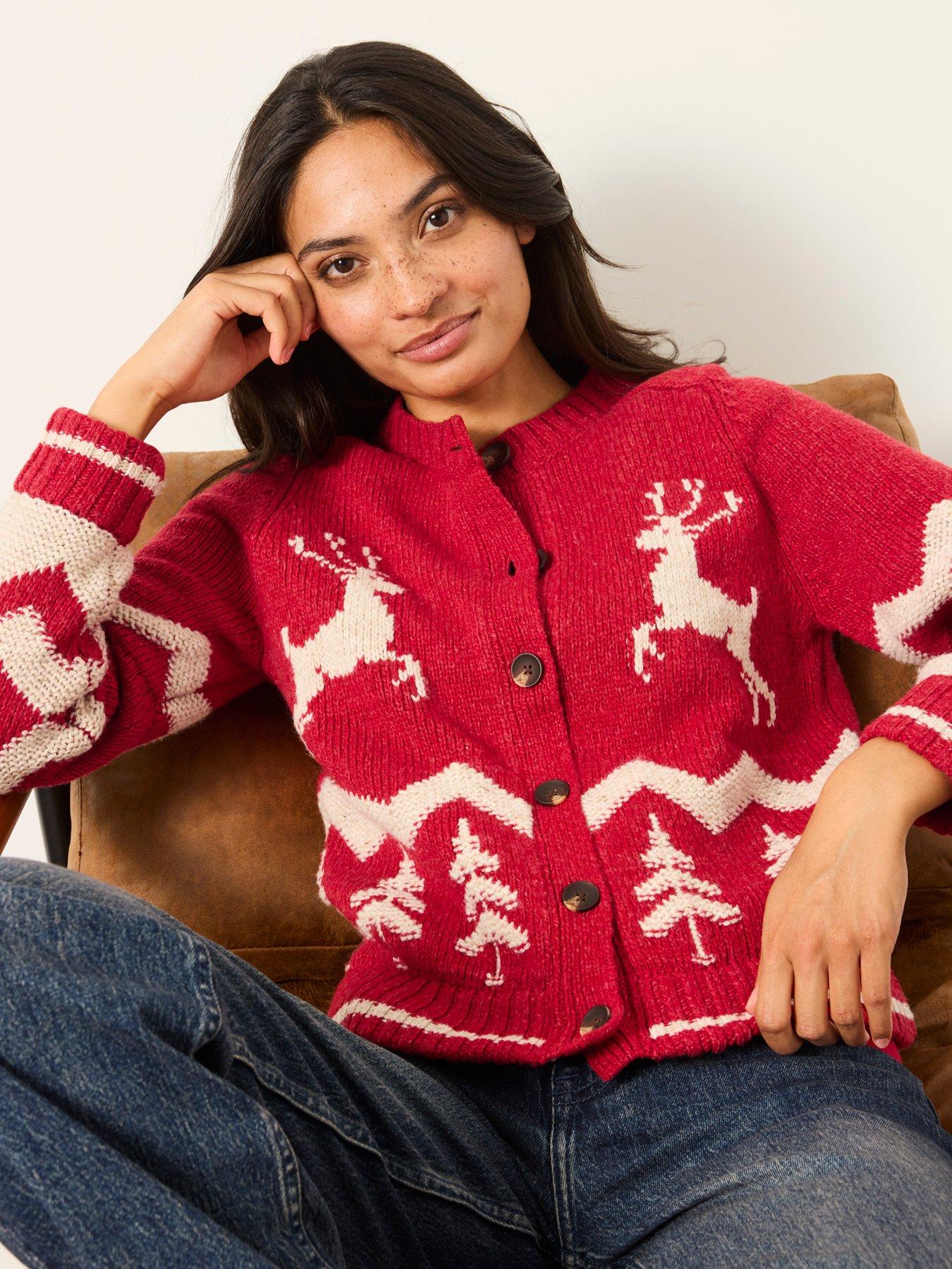 Image 3 of 5 of FatFace Womens Reindeer Button-Through Christmas Cardigan - Red