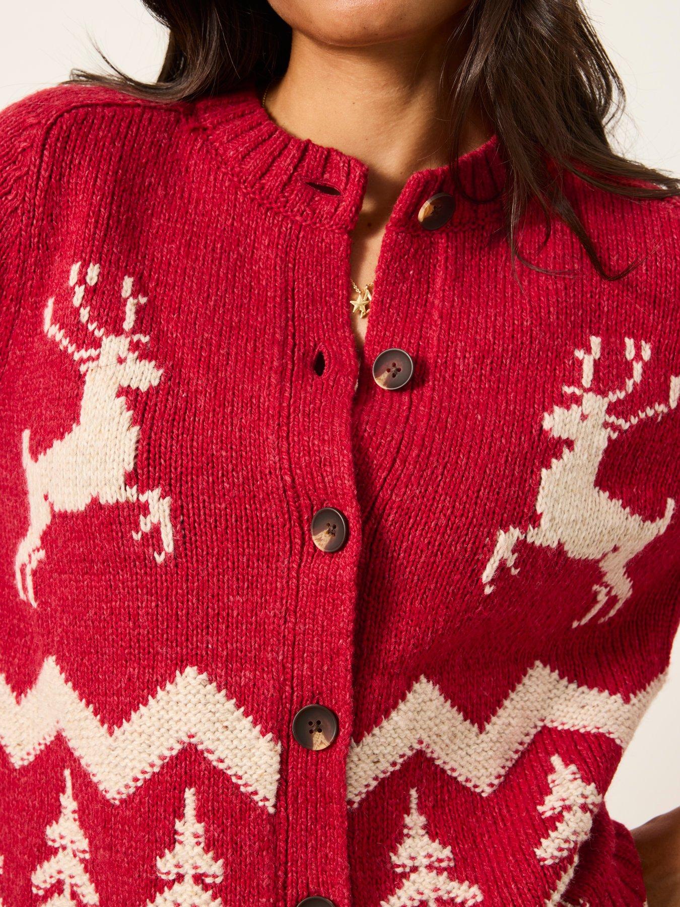 Image 4 of 5 of FatFace Womens Reindeer Button-Through Christmas Cardigan - Red