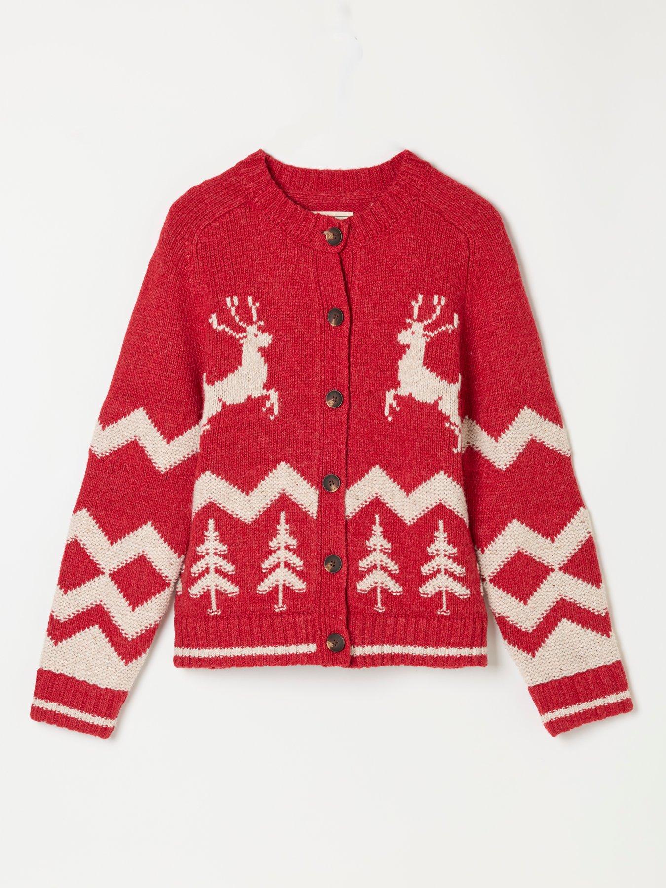 Image 5 of 5 of FatFace Womens Reindeer Button-Through Christmas Cardigan - Red