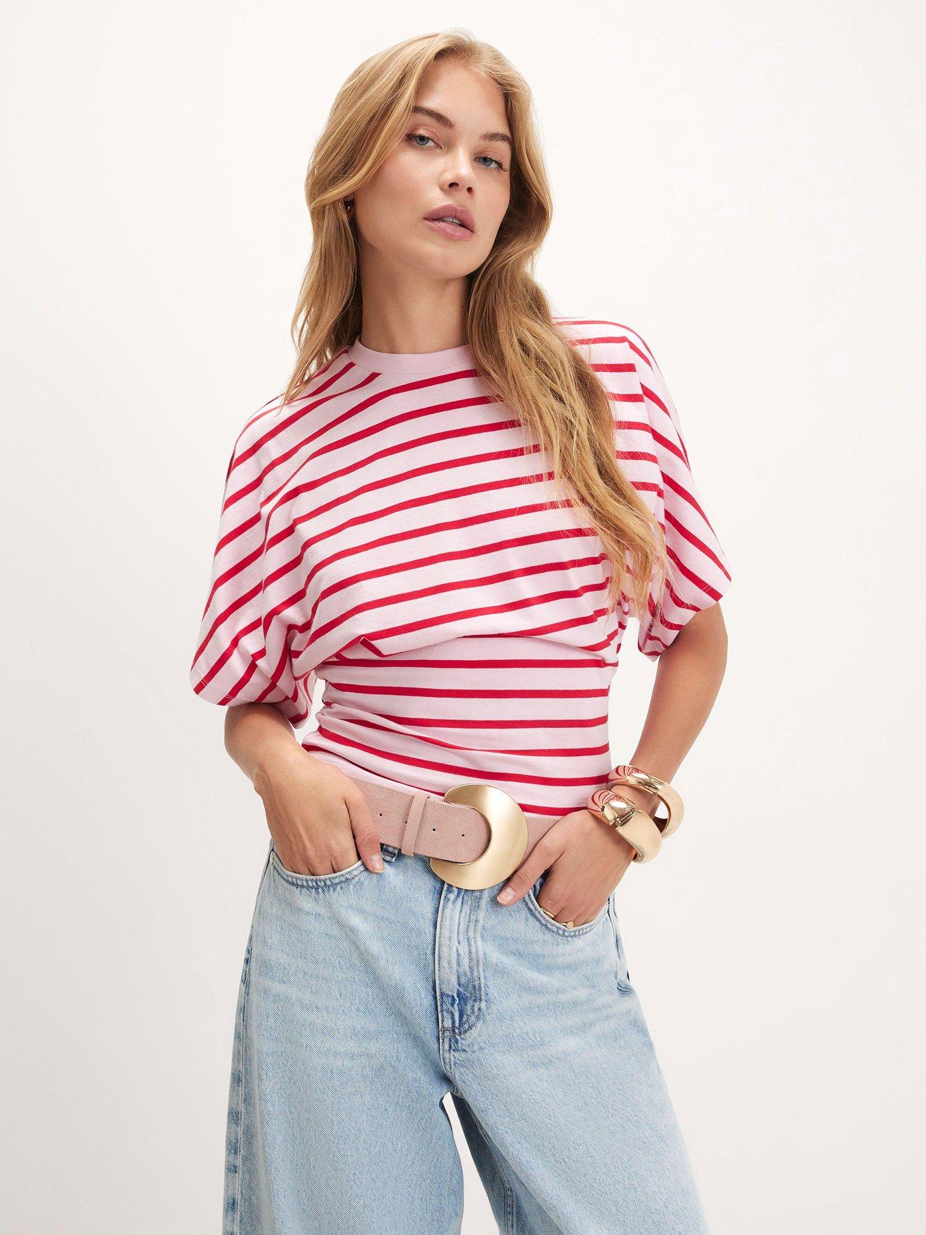 Image 1 of 6 of River Island Women's Stripe Cotton Kimono T-Shirt - Pink