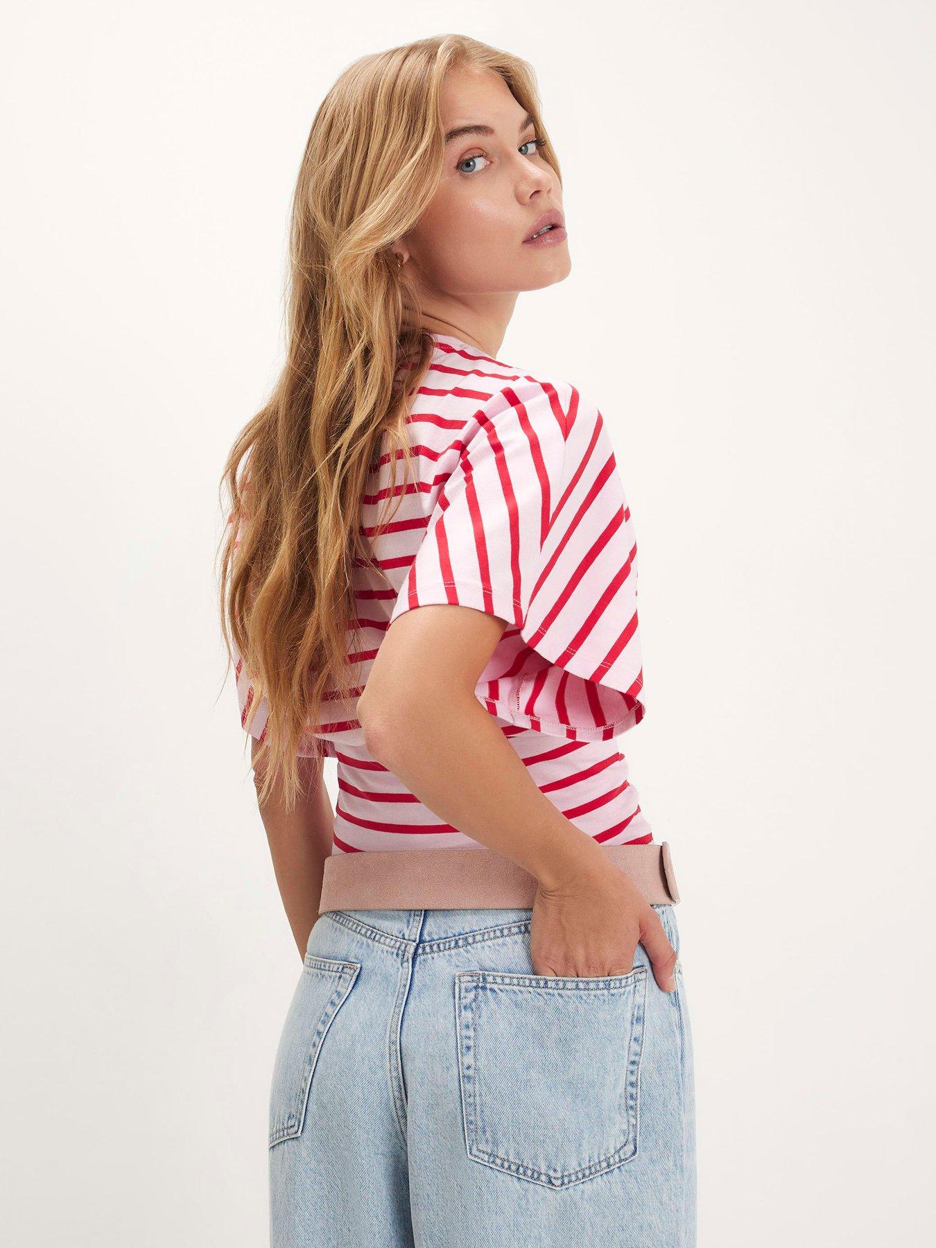 Image 2 of 6 of River Island Women's Stripe Cotton Kimono T-Shirt - Pink