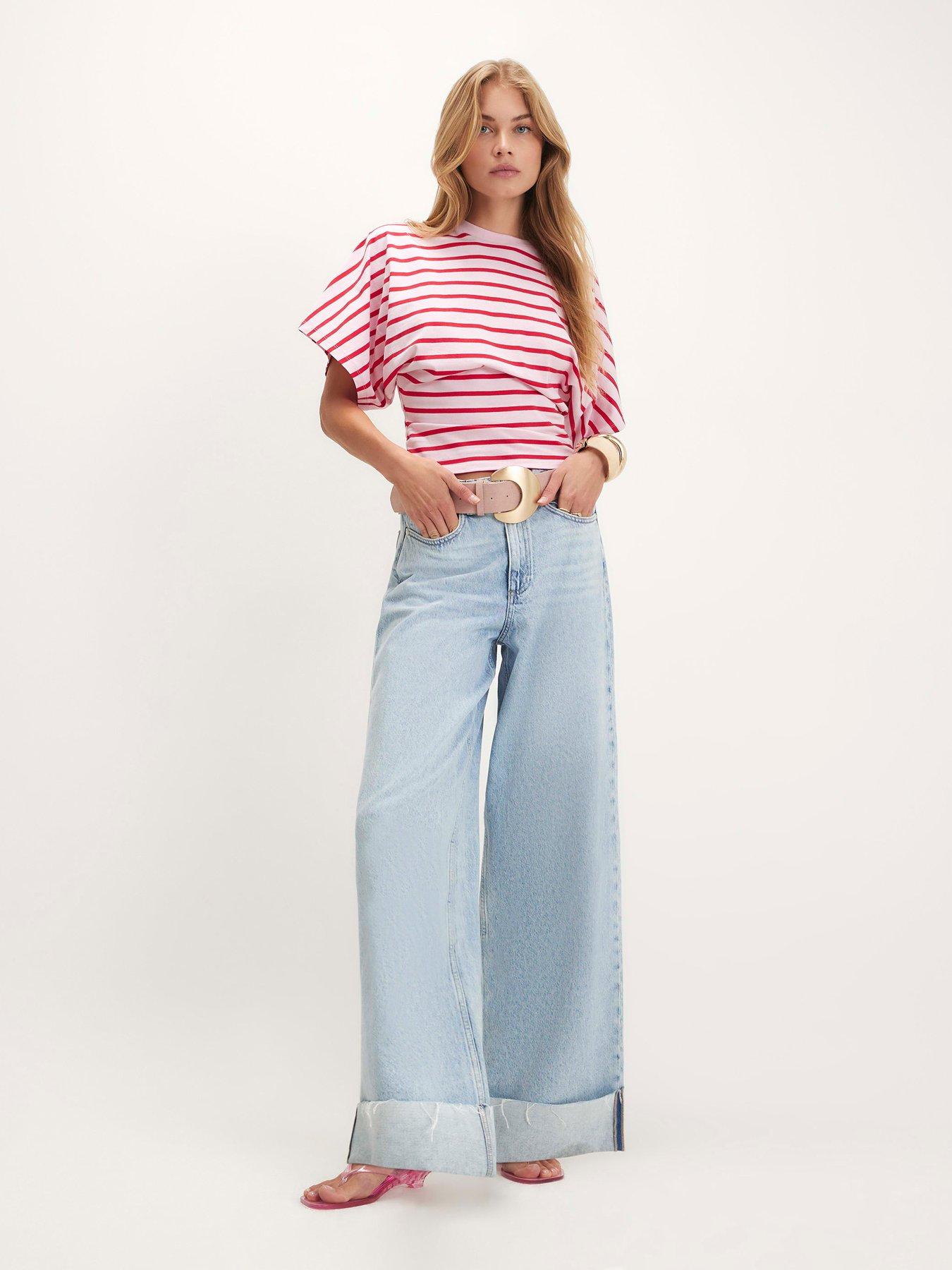 Image 3 of 6 of River Island Women's Stripe Cotton Kimono T-Shirt - Pink