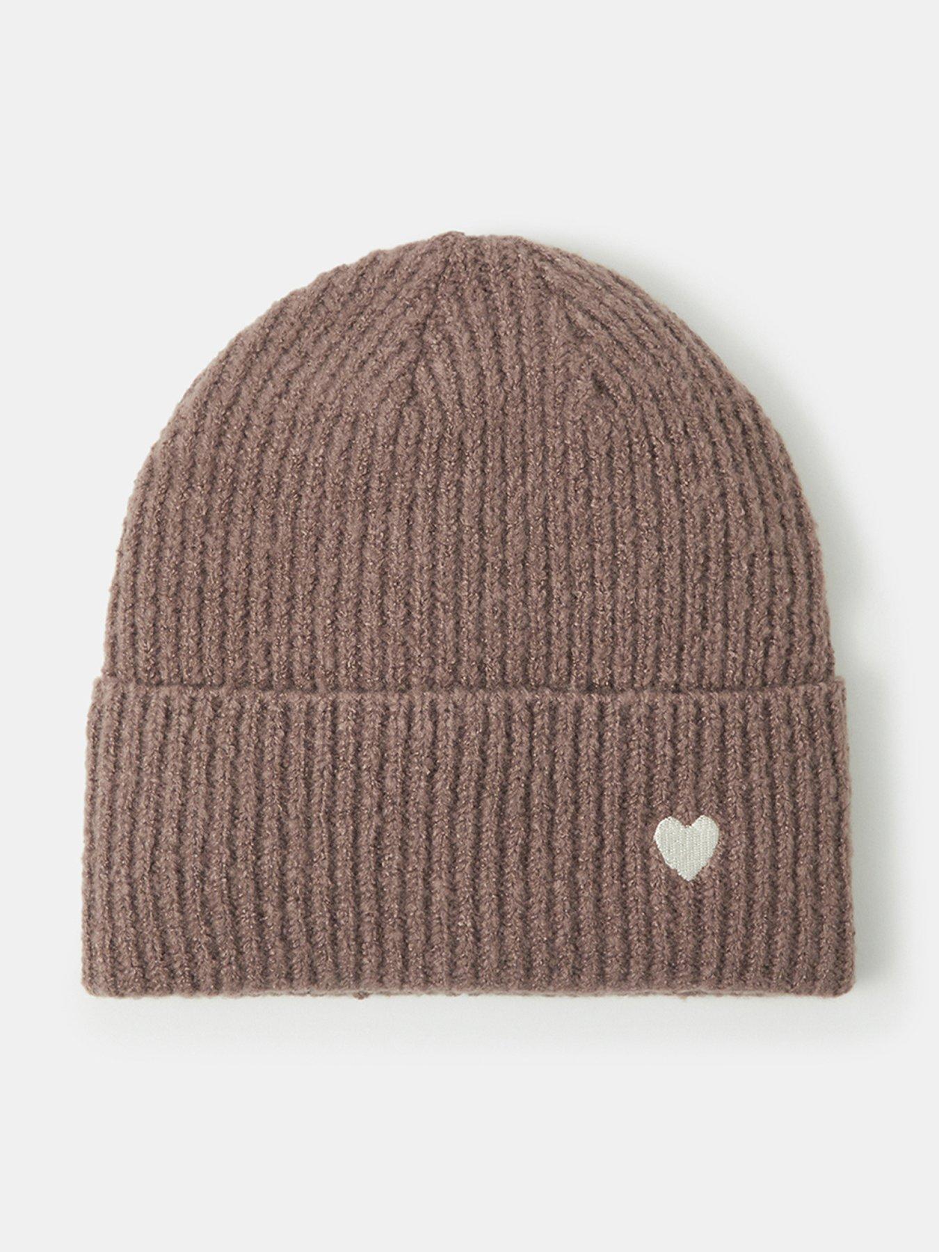 Image 1 of 4 of Accessorize Ribbed Heart Embroidered Beanie Hat - Brown