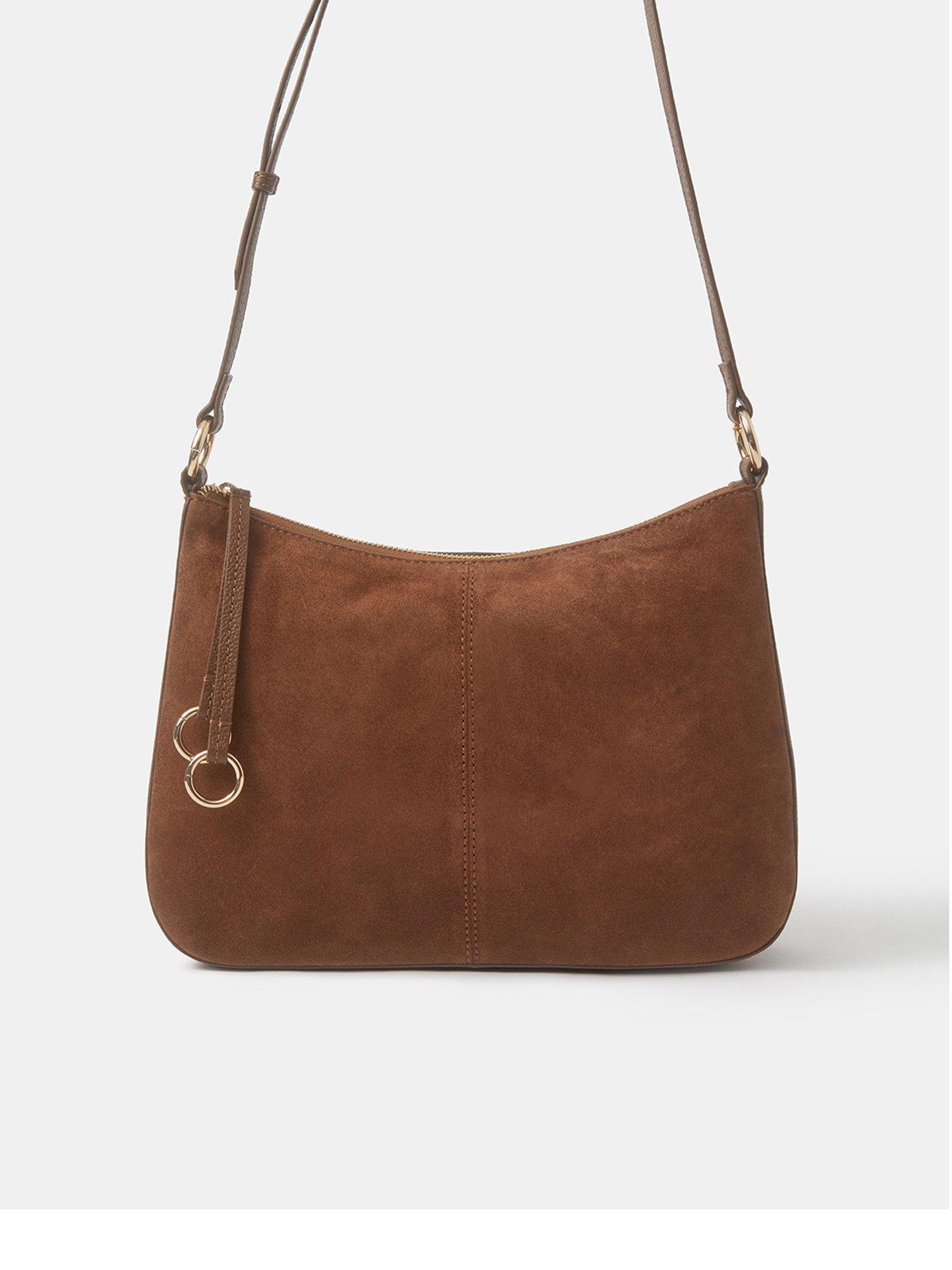Image 1 of 5 of Accessorize Curved Suede Crossbody Bag - Brown