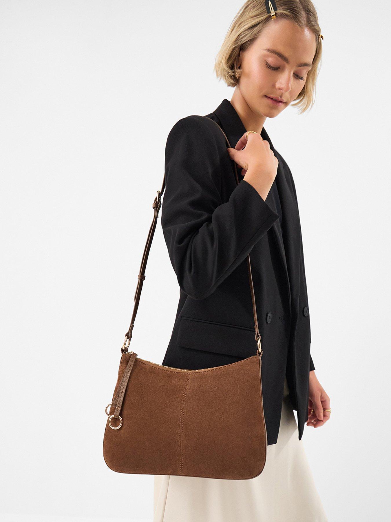 Image 2 of 5 of Accessorize Curved Suede Crossbody Bag - Brown