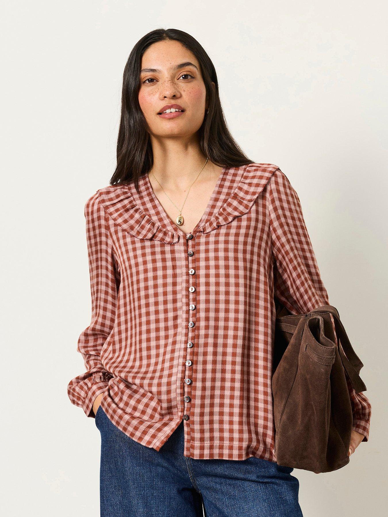 Image 1 of 5 of FatFace Women's Alba Gingham Button-Front Blouse with Collar - Pink