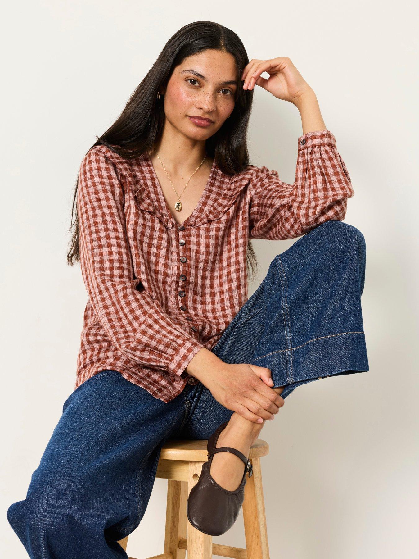 Image 4 of 5 of FatFace Women's Alba Gingham Button-Front Blouse with Collar - Pink