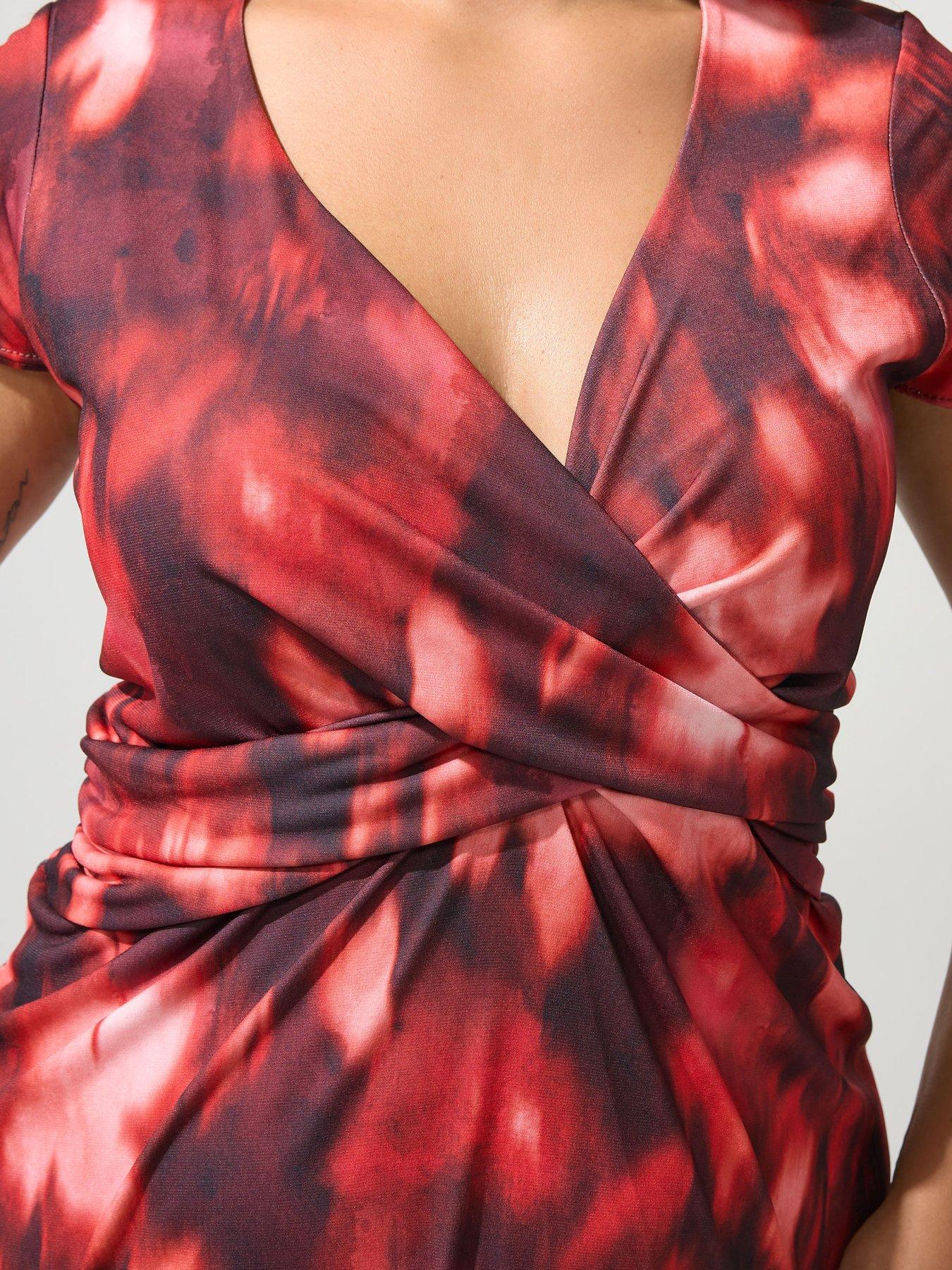 Image 4 of 4 of Yours Curve Abstract Print Twist Front Dress - Red
