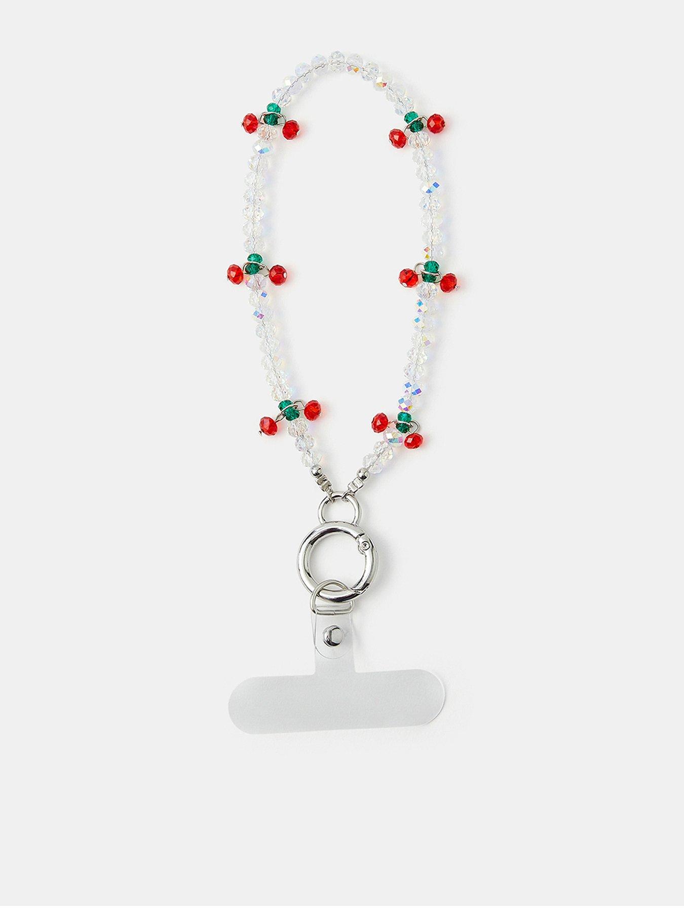 Image 1 of 2 of Accessorize Cherry Beaded Wrist Strap Phone Charm - Silver