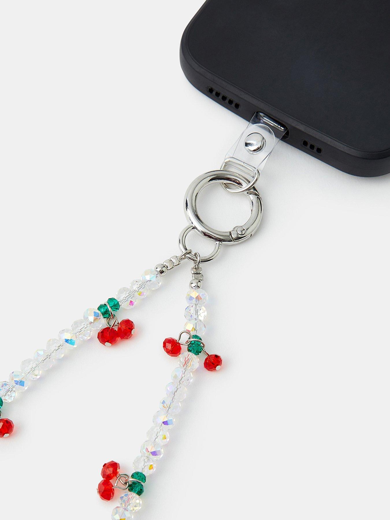 Image 2 of 2 of Accessorize Cherry Beaded Wrist Strap Phone Charm - Silver