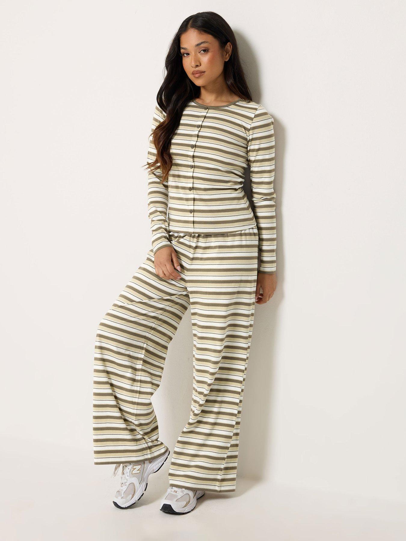 PixieGirl Petite Stripe Button Through Top and Trouser Set - Brown