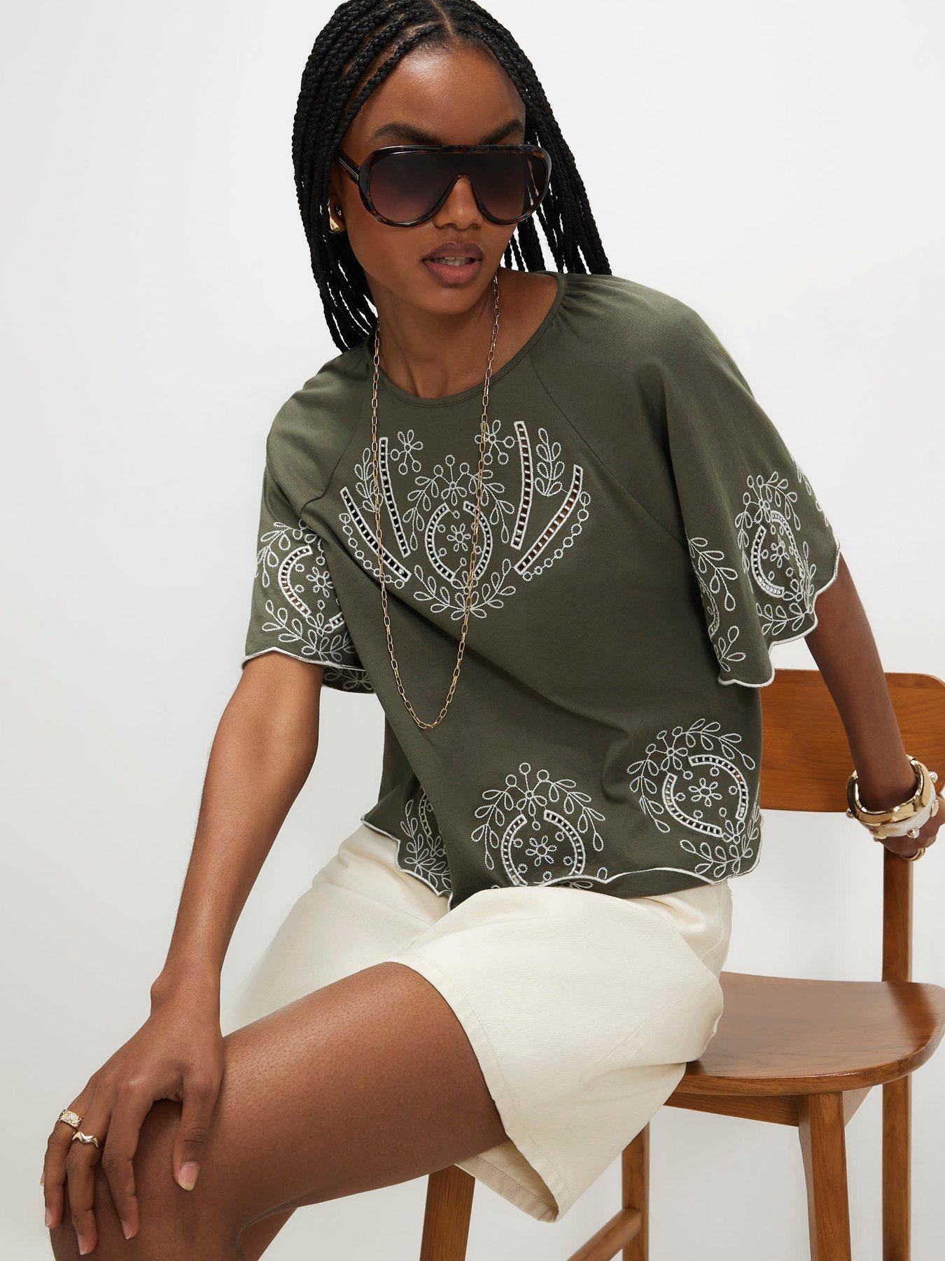 Image 1 of 6 of River Island Cotton Embroidered Cutwork T-Shirt - Green