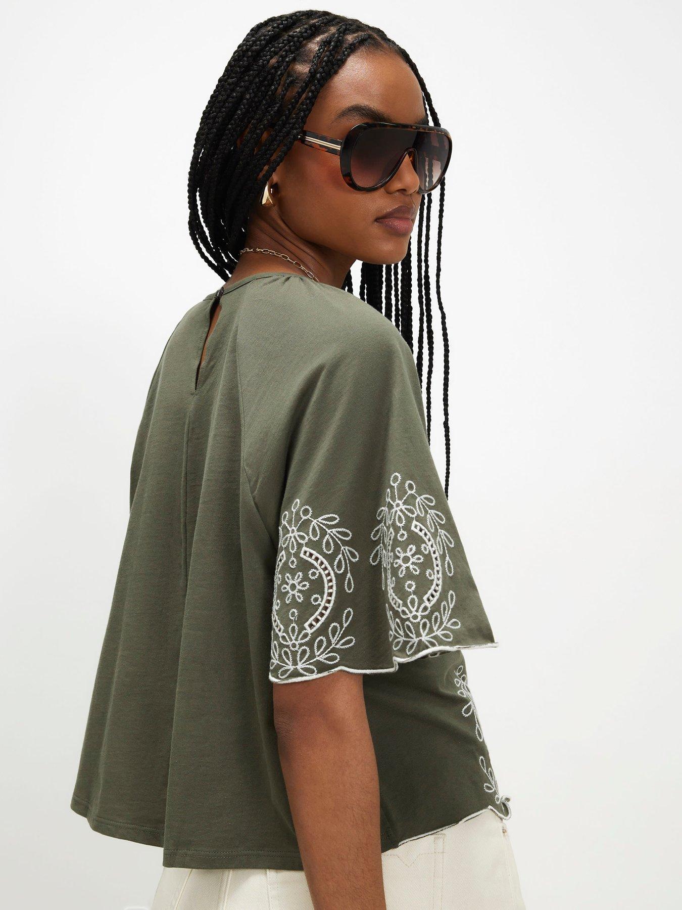 Image 2 of 6 of River Island Cotton Embroidered Cutwork T-Shirt - Green