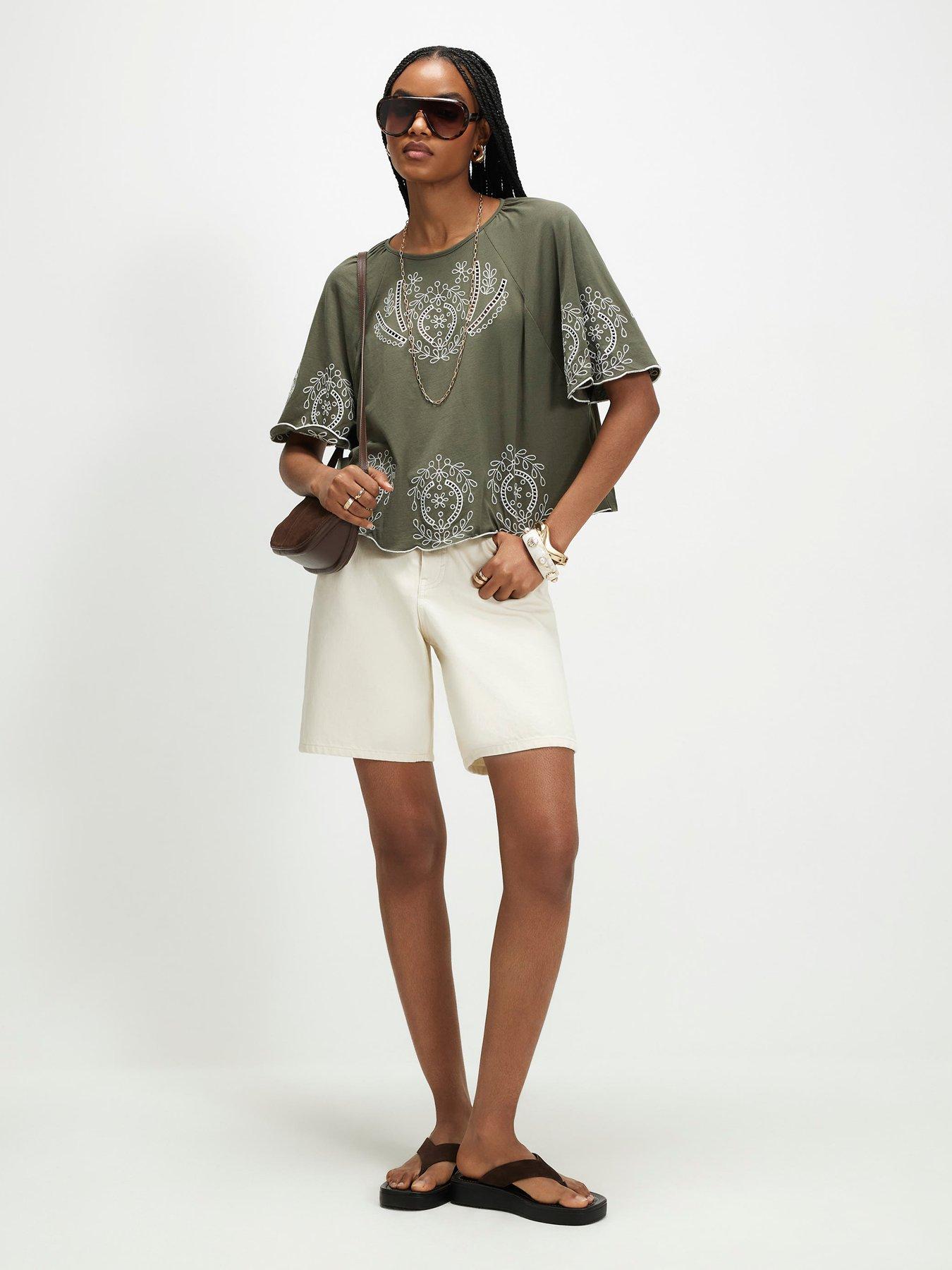 Image 3 of 6 of River Island Cotton Embroidered Cutwork T-Shirt - Green