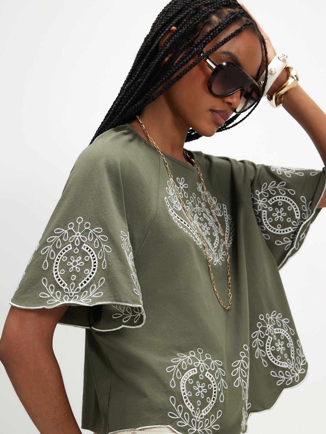 Image 4 of 6 of River Island Cotton Embroidered Cutwork T-Shirt - Green