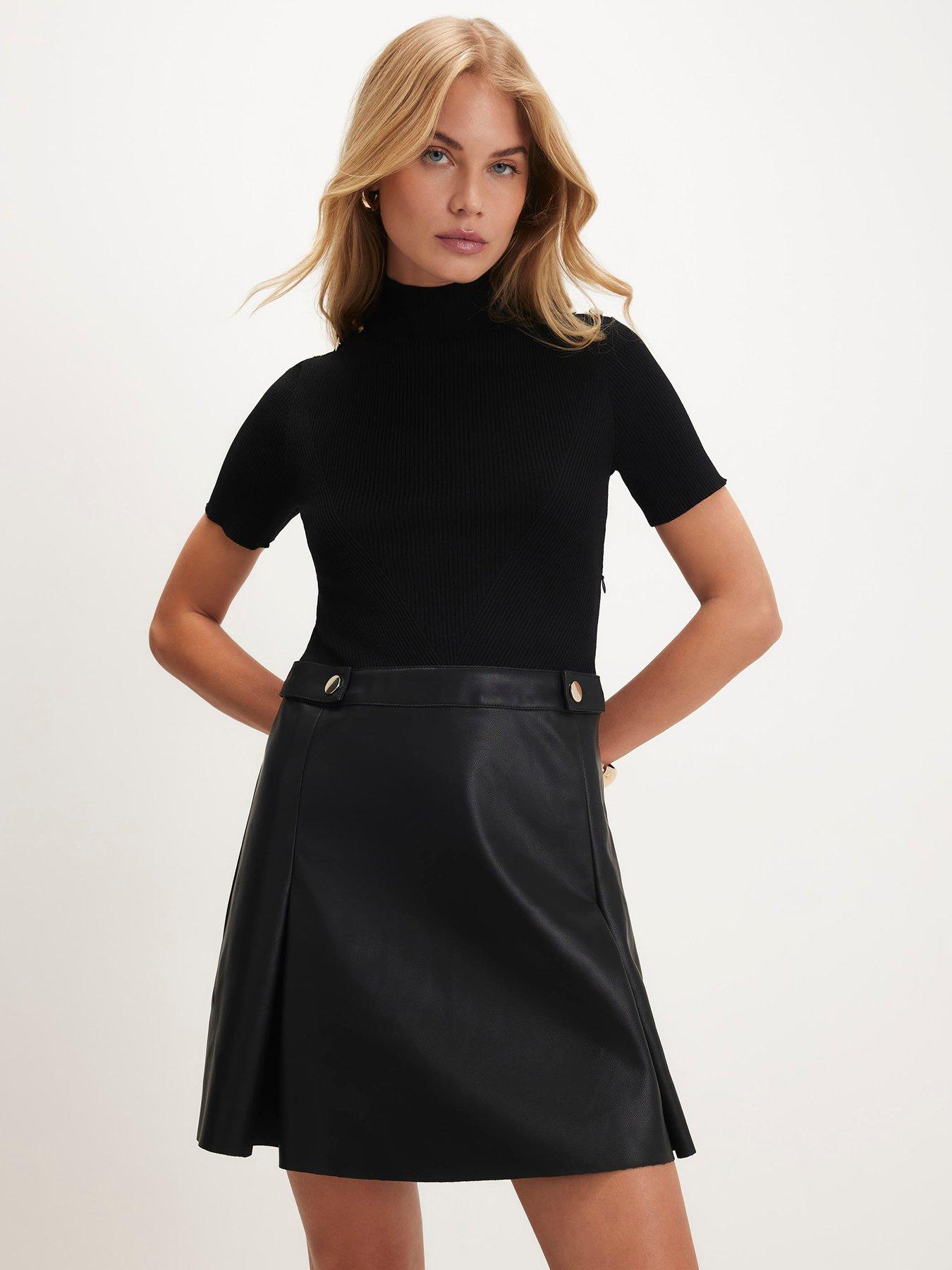 Image 1 of 6 of River Island Faux Leather High Neck Ribbed Skater Dress - Black