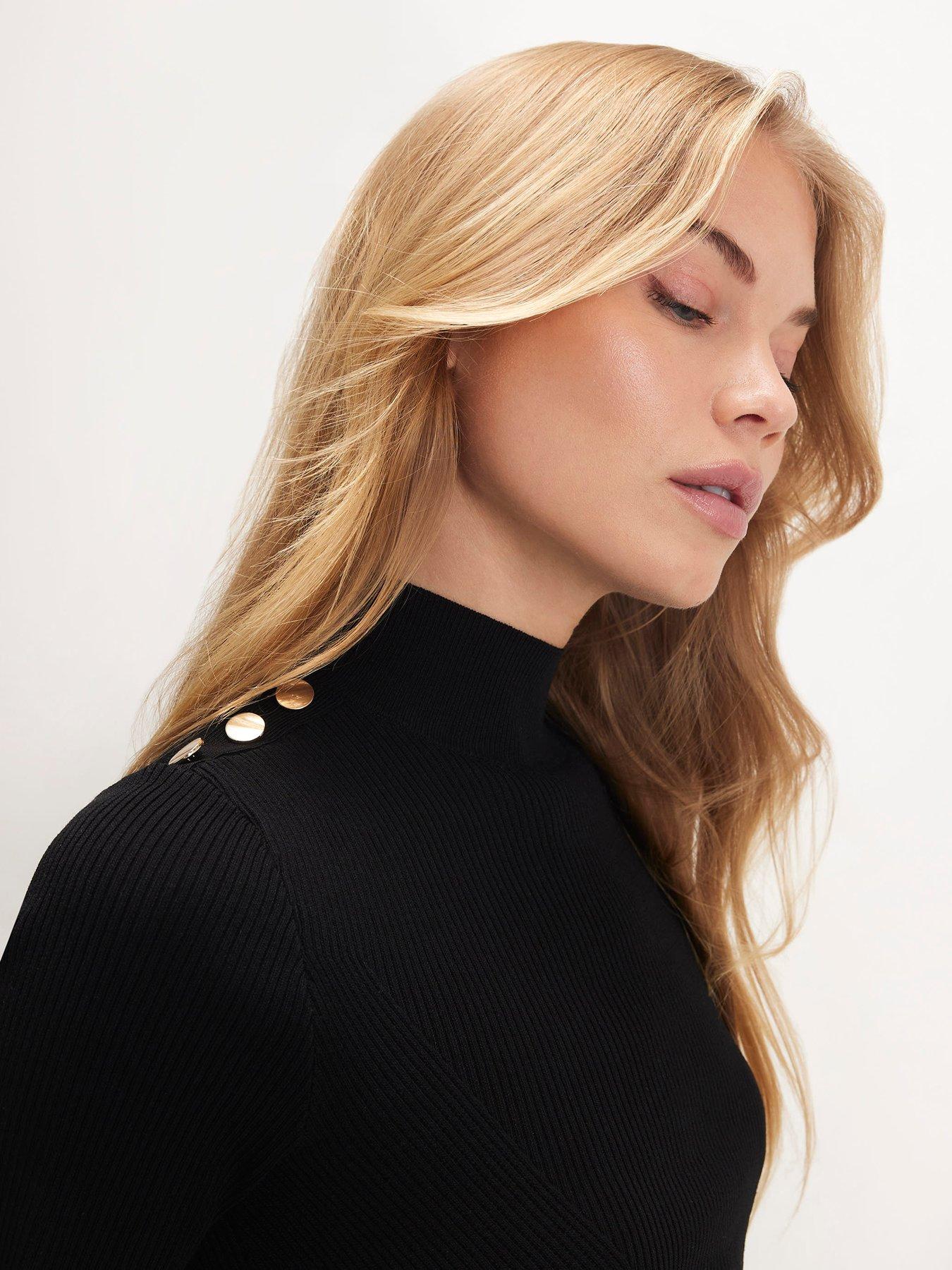 Image 4 of 6 of River Island Faux Leather High Neck Ribbed Skater Dress - Black