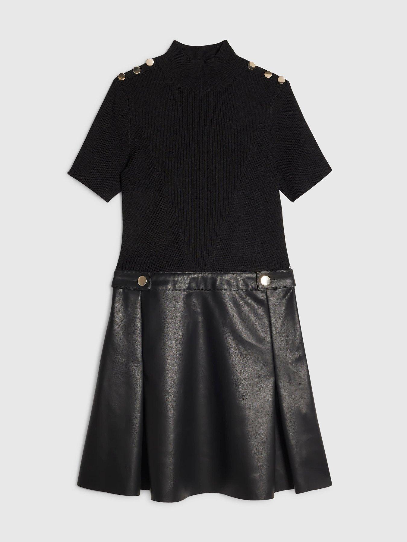 Image 5 of 6 of River Island Faux Leather High Neck Ribbed Skater Dress - Black