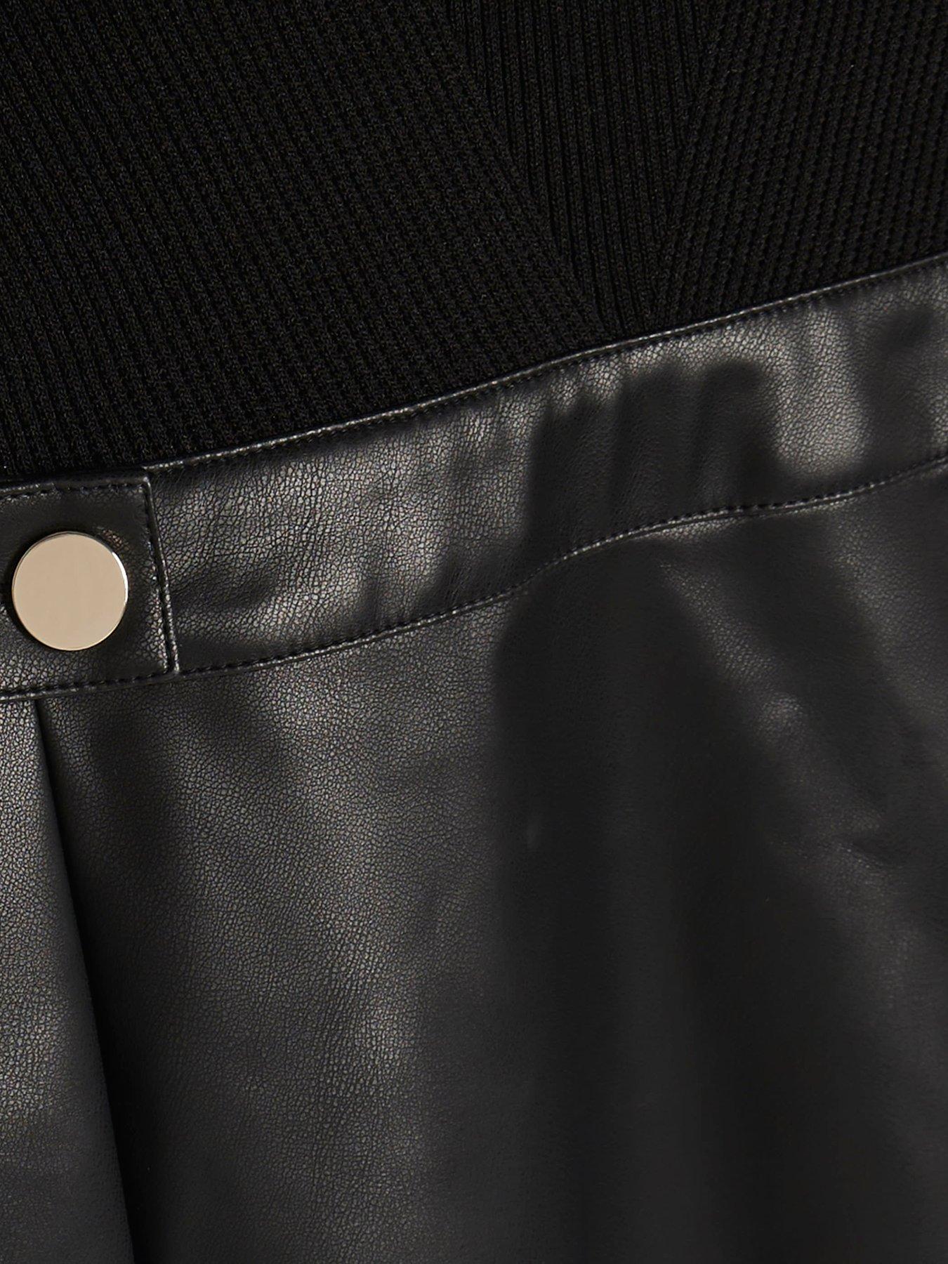 Image 6 of 6 of River Island Faux Leather High Neck Ribbed Skater Dress - Black