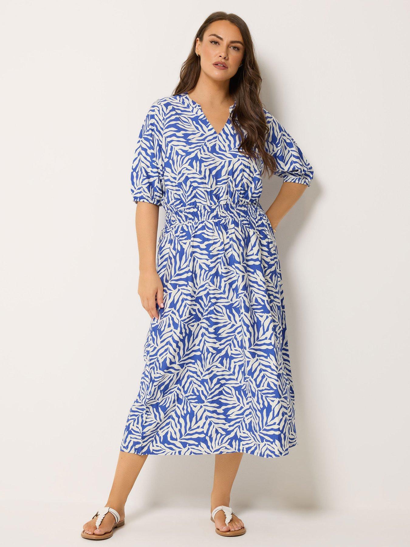 Yours Curve Leaf Print Notch Neck Dress - Blue