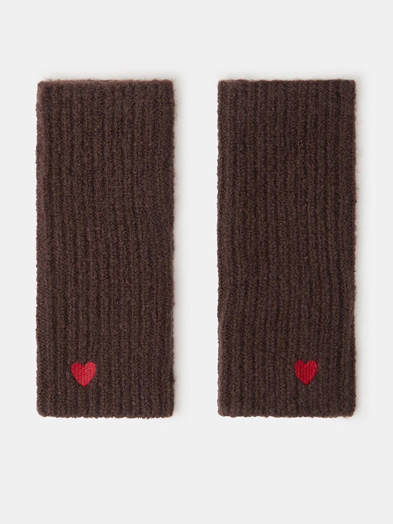 Image 1 of 2 of Accessorize Ribbed Heart Cut-Off Fingerless Gloves - Brown