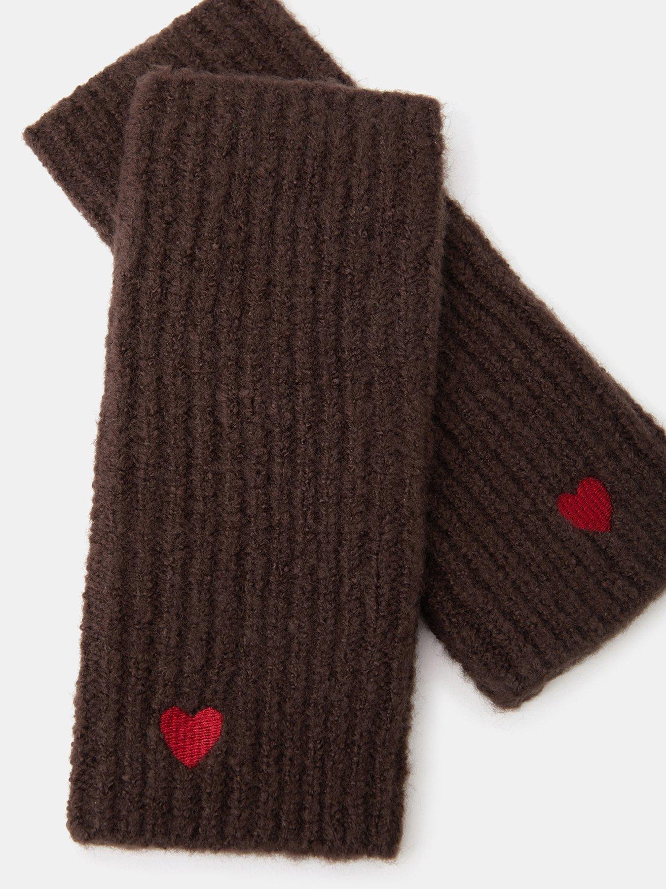 Image 2 of 2 of Accessorize Ribbed Heart Cut-Off Fingerless Gloves - Brown