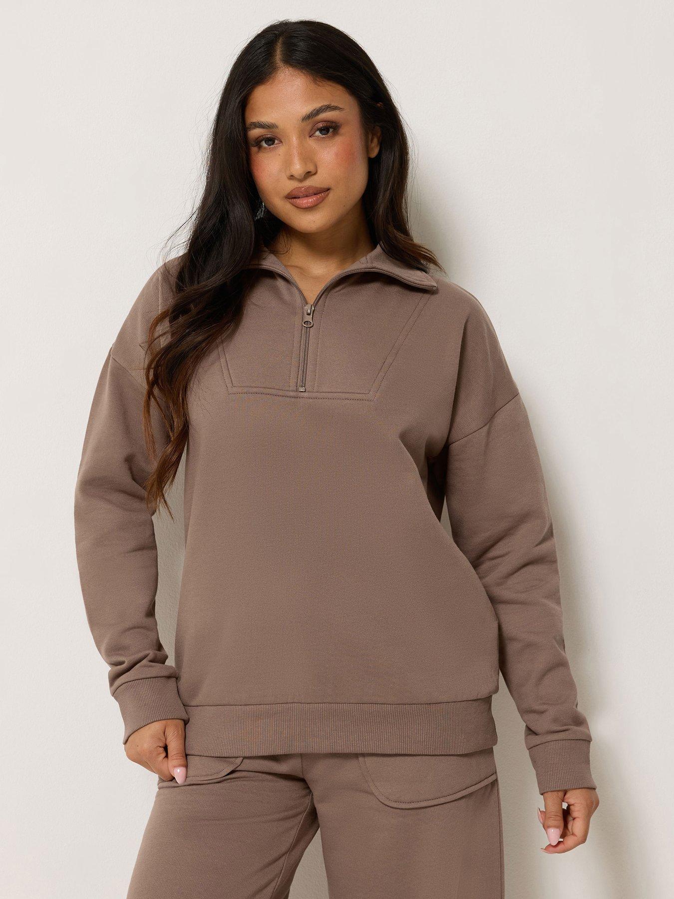 Image 1 of 4 of PixieGirl Petite Funnel Neck Zip Sweatshirt - Brown