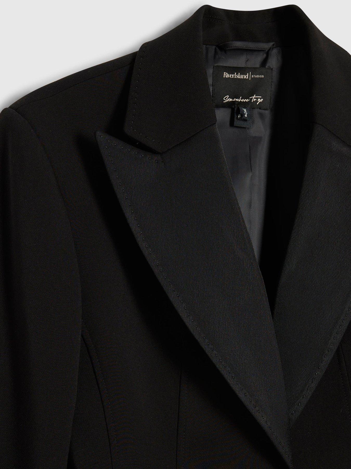 Image 4 of 5 of River Island Womens Tux Detail Tailored Double-Button Blazer - Black